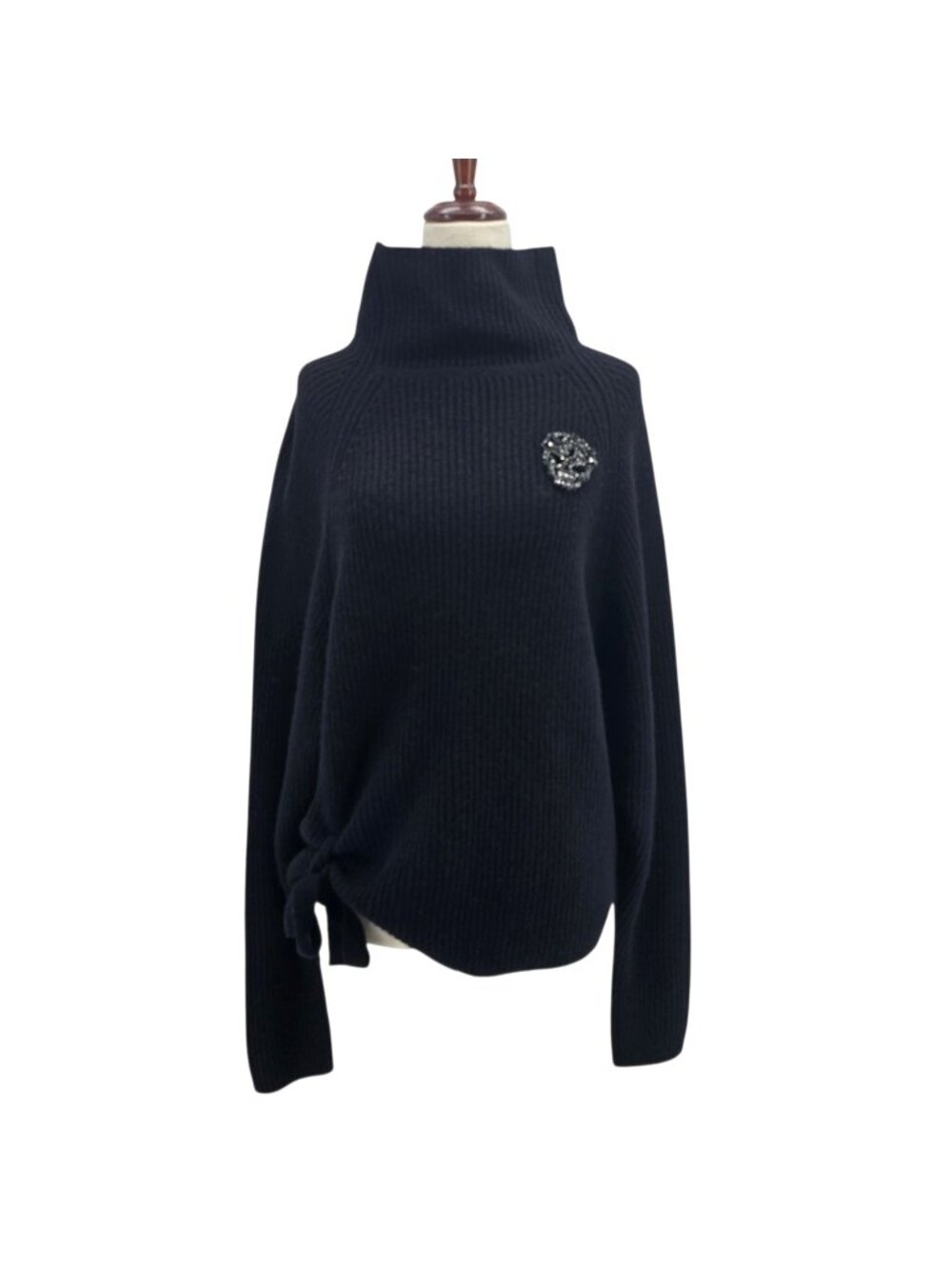 NEW Never A Wallflower Womens XS Sweater Cashmere Wool Bling Skull Pendant Cowl